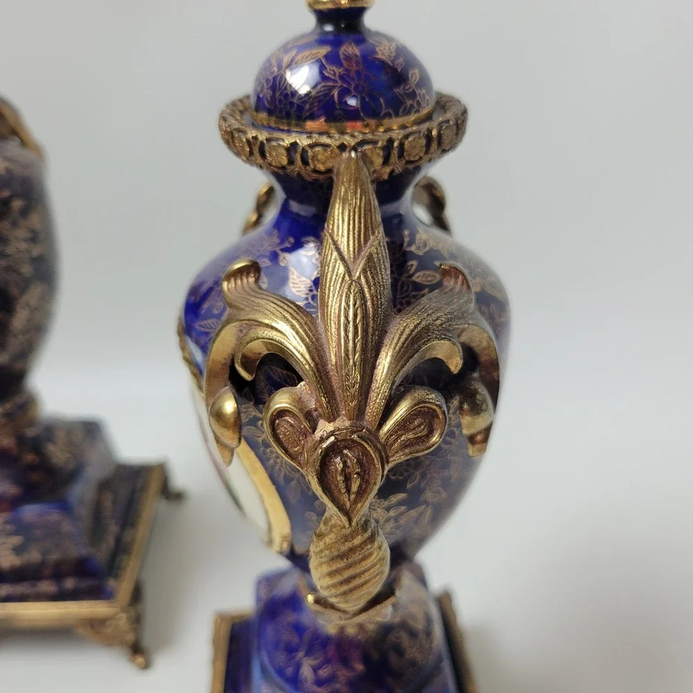 Empire Porcelain Cobalt Gold Gilded Urn Centerpiece 3pc Garniture Set England